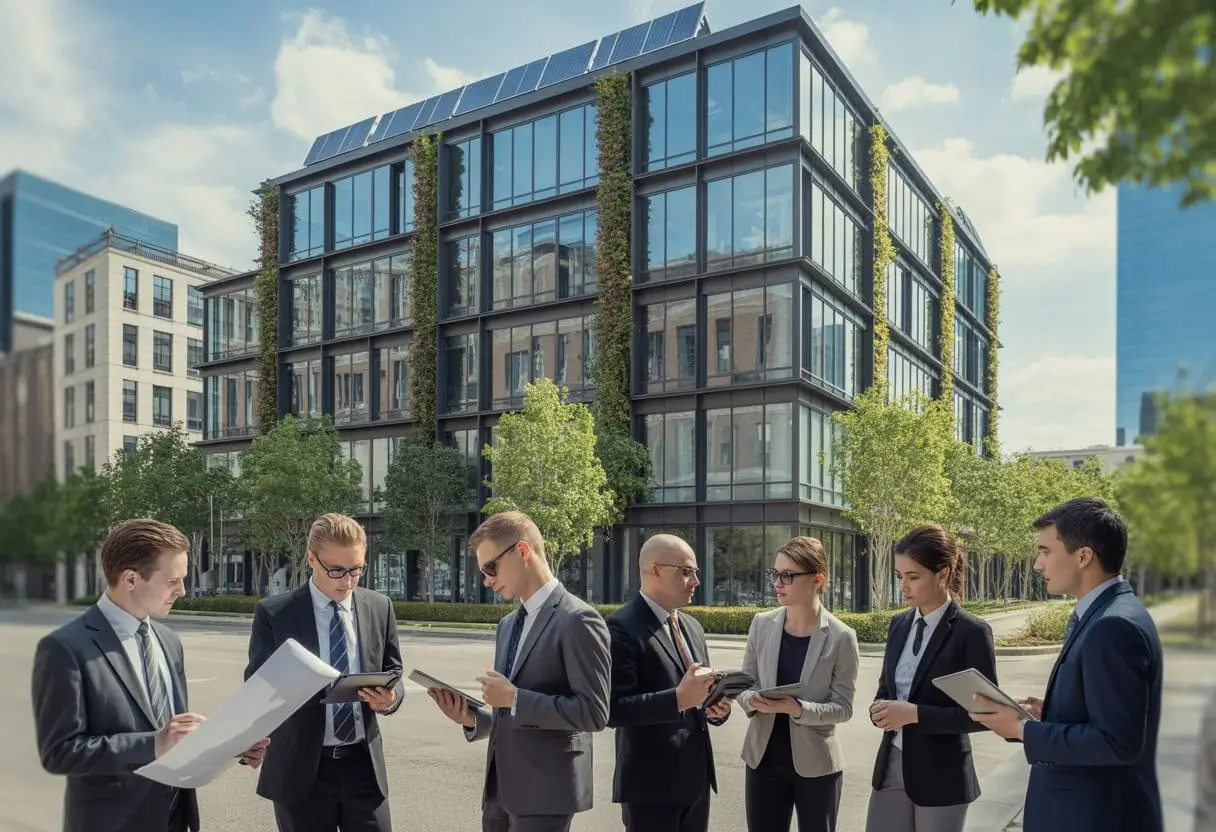 Een groep professionals bespreekt plannen voor een modern duurzaam gebouw met groene gevels en zonnepanelen in een stedelijke omgeving.