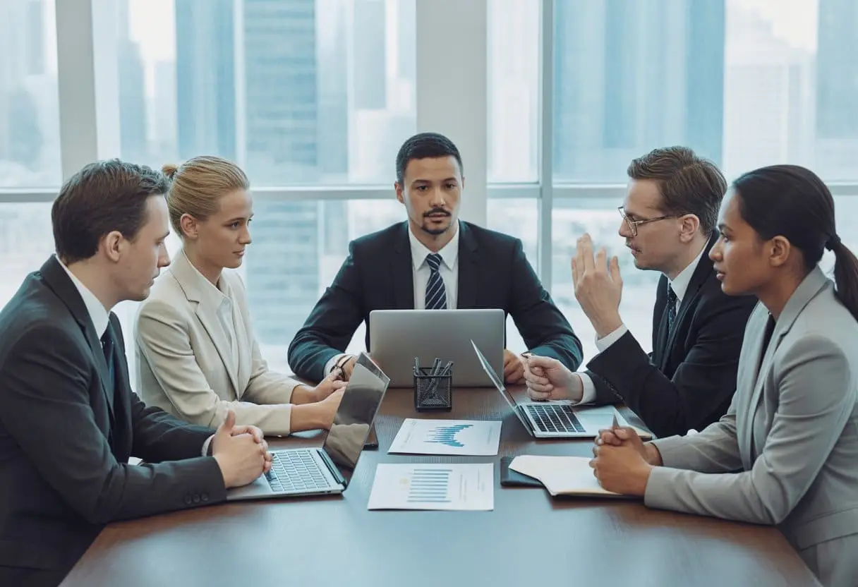 Een groep zakelijke professionals zit rond een tafel in een moderne kantoorruimte en bespreekt samen een geschil zonder rechtbank.