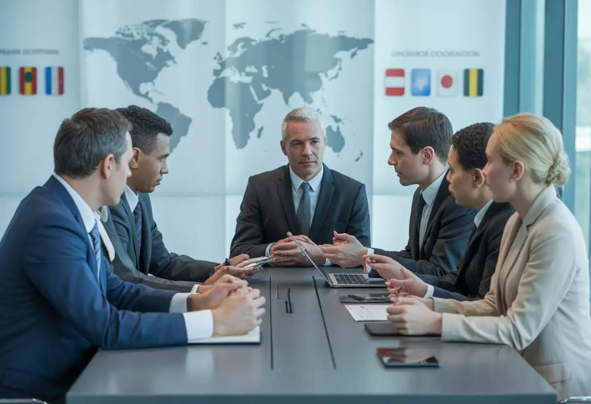 Een diverse groep zakelijke professionals die aan een vergadertafel zit en een discussie voert in een moderne kantooromgeving met wereldkaarten aan de muur.