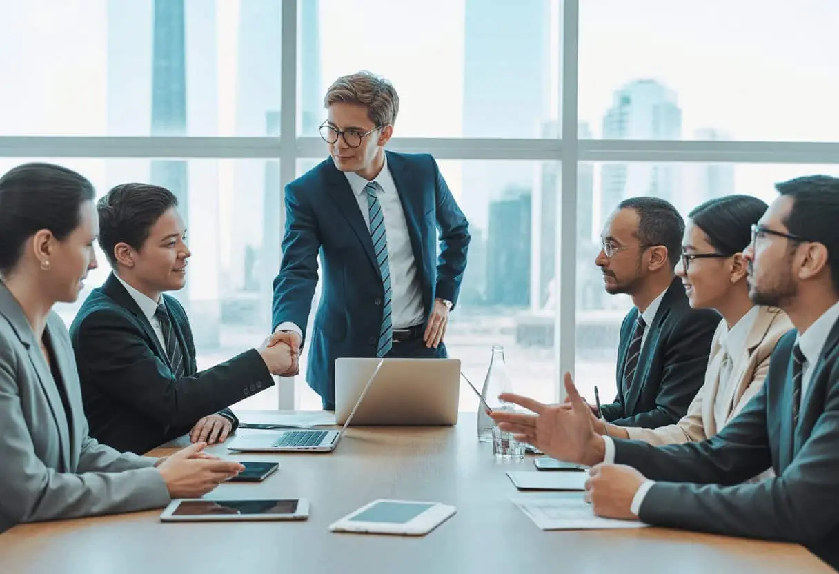Zakelijke professionals van verschillende achtergronden zitten aan een vergadertafel in een modern kantoor en bespreken zaken in een internationale arbitrage setting.