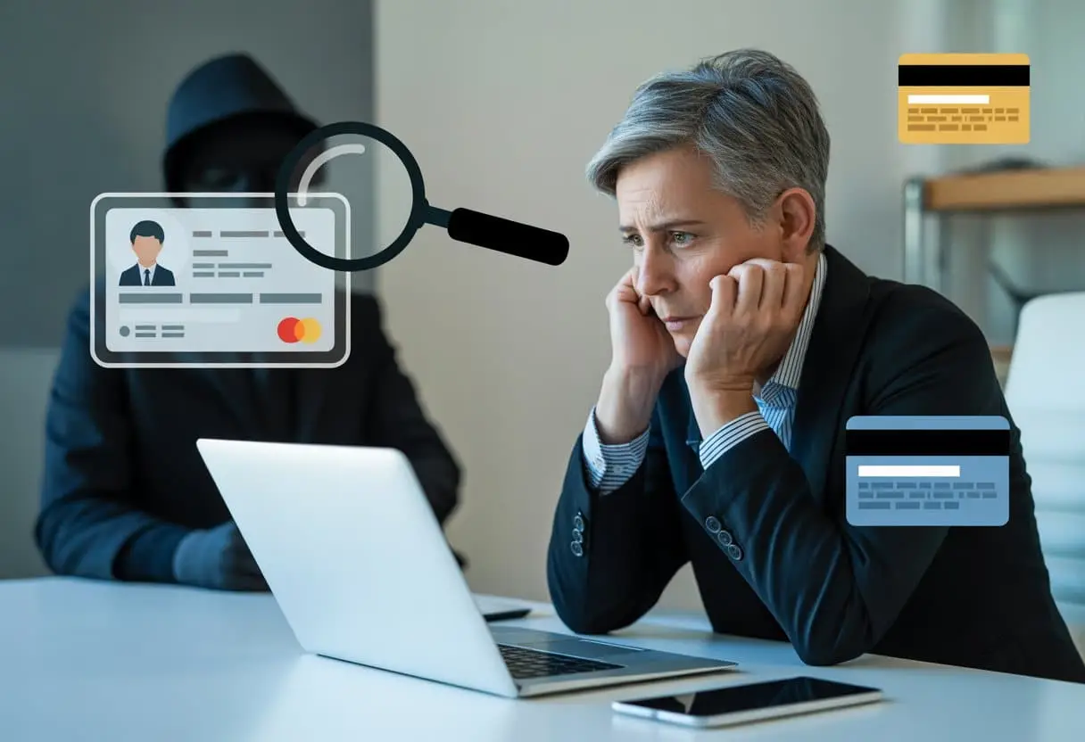 Een bezorgde persoon zit aan een bureau met een laptop, omringd door symbolen van identiteitsdiefstal en financiële fraude.