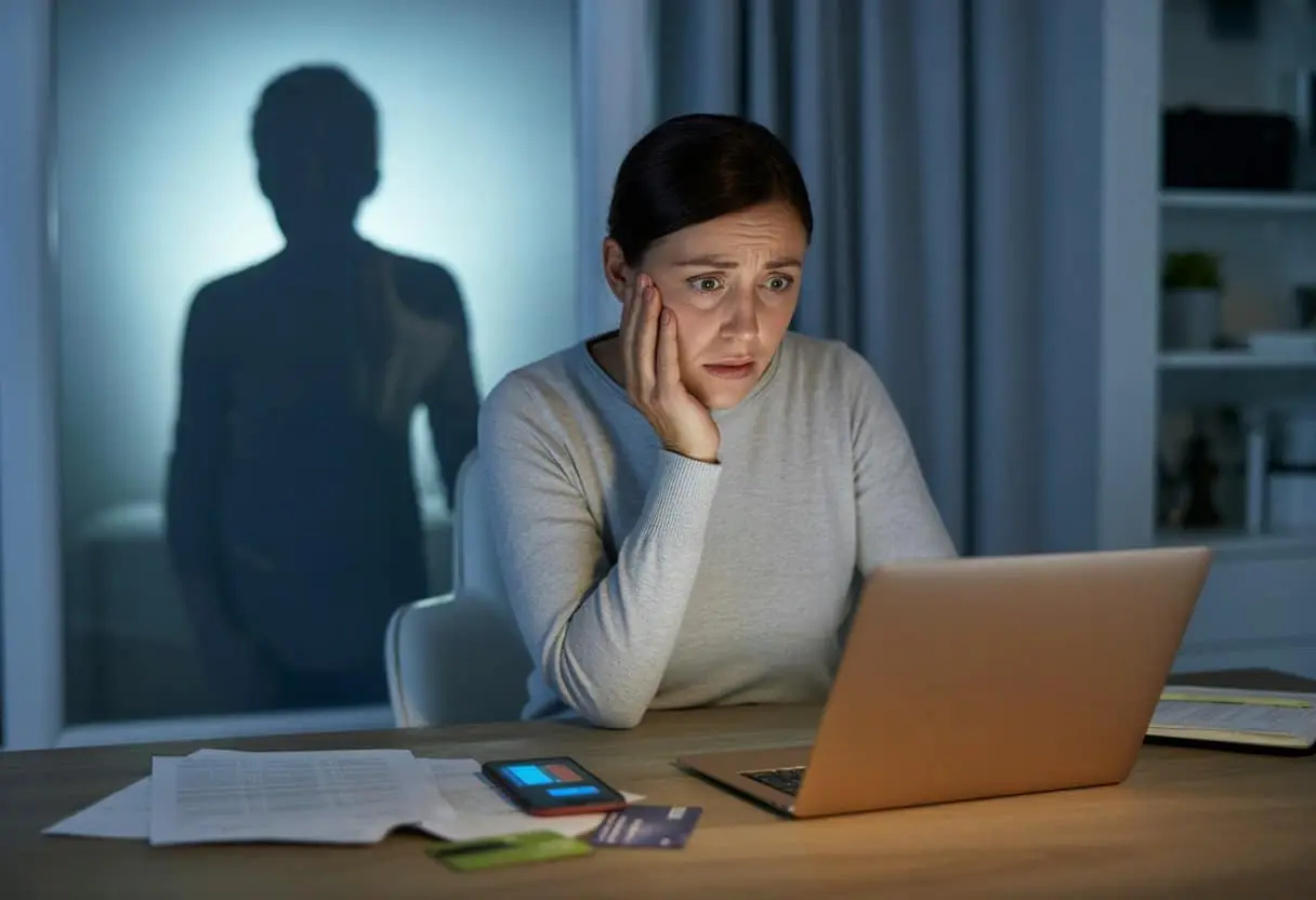 Een bezorgde vrouw zit aan een bureau met een laptop en documenten, terwijl een schaduwachtige figuur op de achtergrond te zien is.