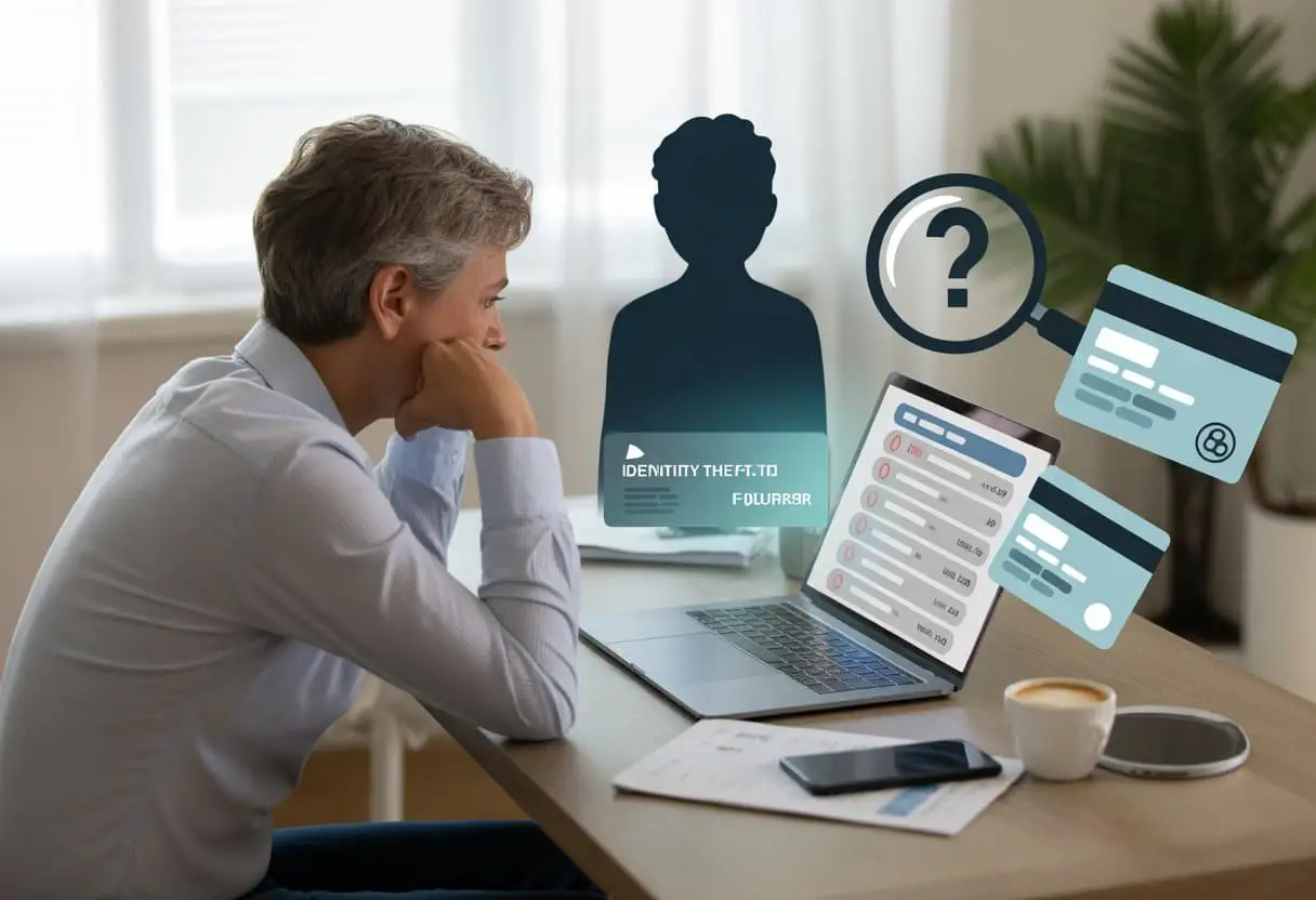Een bezorgde persoon zit aan een bureau en kijkt naar een laptop met financiële gegevens, met symbolen van identiteitsdiefstal op de achtergrond.