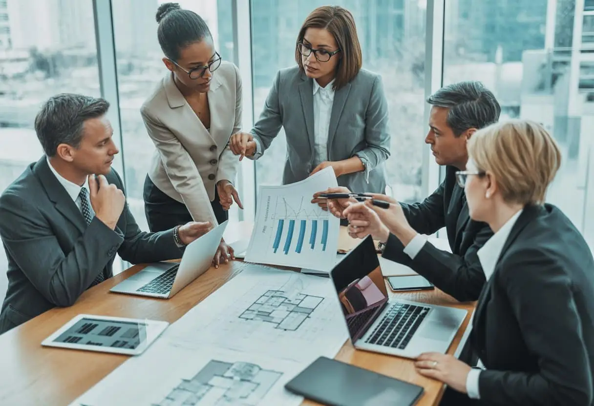 Kostenverdeling binnen de VvE: Het Modelreglement en de juridische grenzen van de splitsingsakte 1 Een groep professionals bespreekt documenten en grafieken aan een vergadertafel in een modern kantoor.