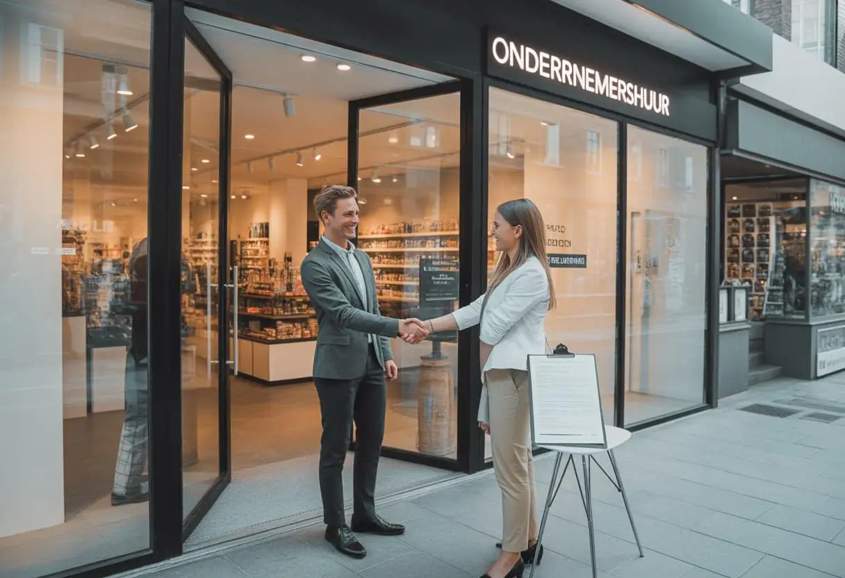 Een winkelpand met een ondernemer en een verhuurder die elkaar de hand schudden voor het afsluiten van een huurcontract.