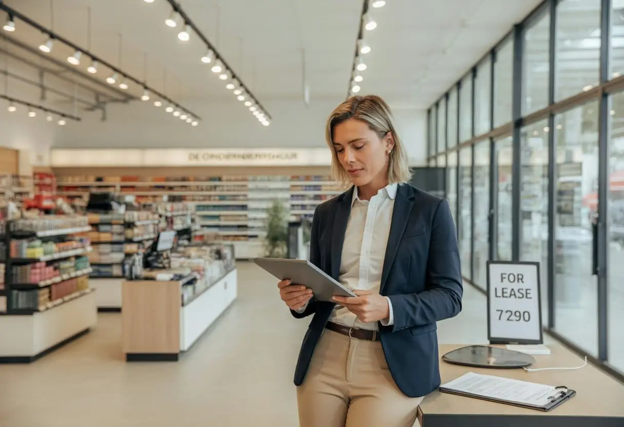 Een moderne winkelruimte met een zakelijk persoon die documenten bekijkt, omgeven door schappen met producten en grote ramen.