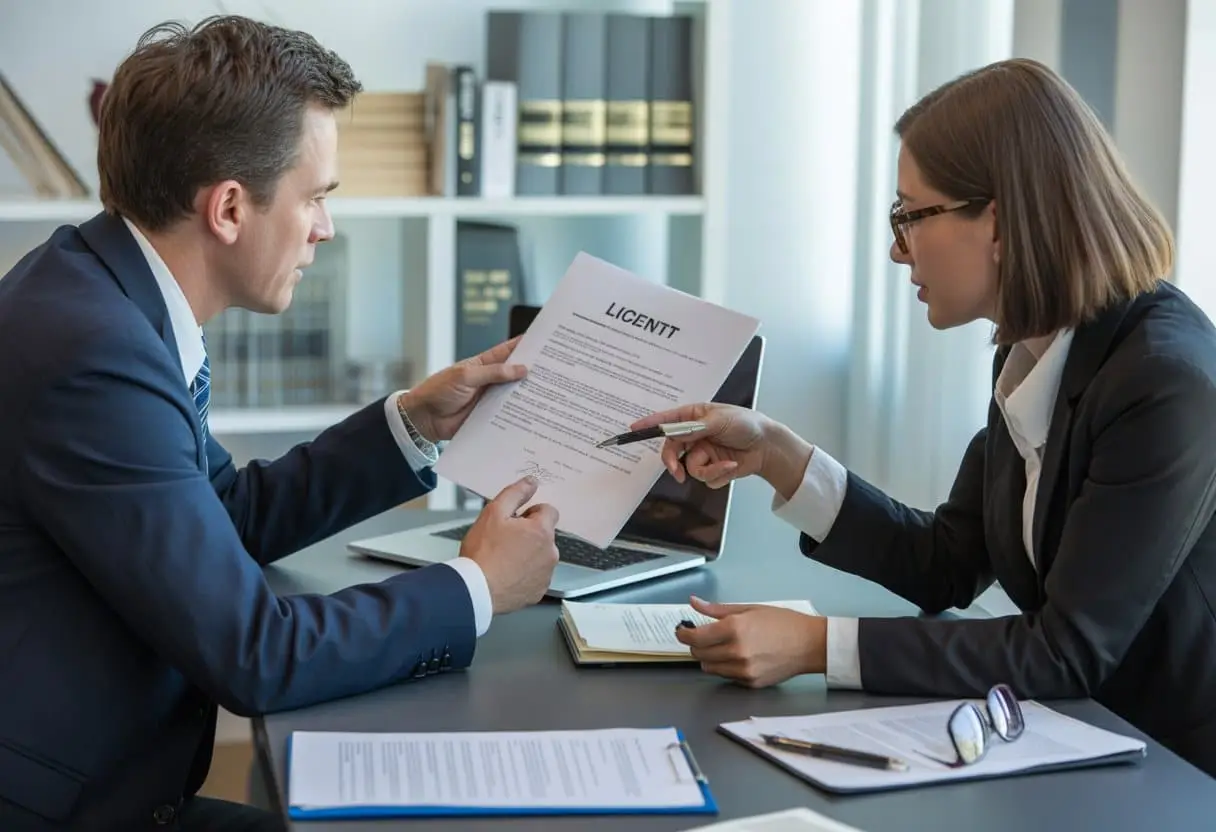 Het Gebruiksrecht: Het verschil tussen een licentie en een overdracht van IE-rechten 1 Twee zakelijke professionals bespreken documenten aan een bureau in een kantooromgeving.