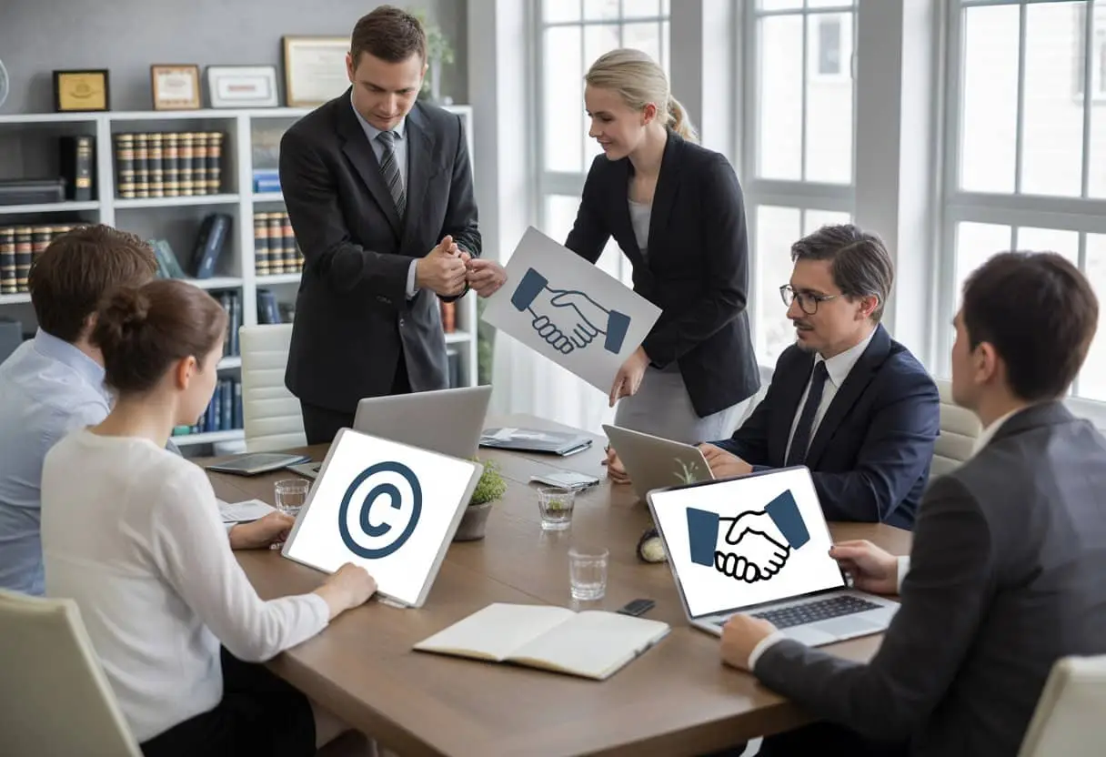 Het Gebruiksrecht: Het verschil tussen een licentie en een overdracht van IE-rechten 2 Een groep zakelijke professionals bespreekt intellectuele eigendomsrechten rond een vergadertafel in een kantoor.