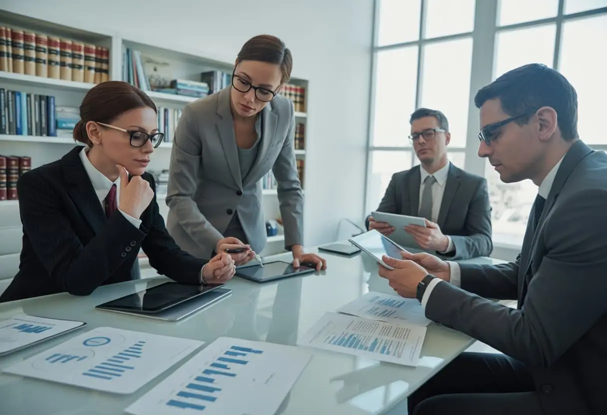 Het Gebruiksrecht: Het verschil tussen een licentie en een overdracht van IE-rechten 3 Een groep zakelijke professionals bespreekt documenten aan een vergadertafel in een kantooromgeving.