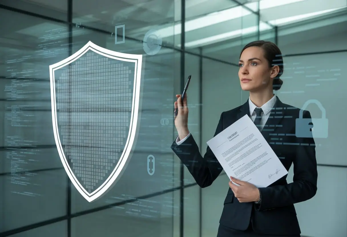 Bescherming van Bedrijfsgeheimen: De Juridische Wapens tegen Industriële Spionage 1 Een zakelijke persoon staat in een modern kantoor naast een digitaal schild dat bescherming symboliseert, met op de achtergrond abstracte digitale codes en slotpictogrammen.
