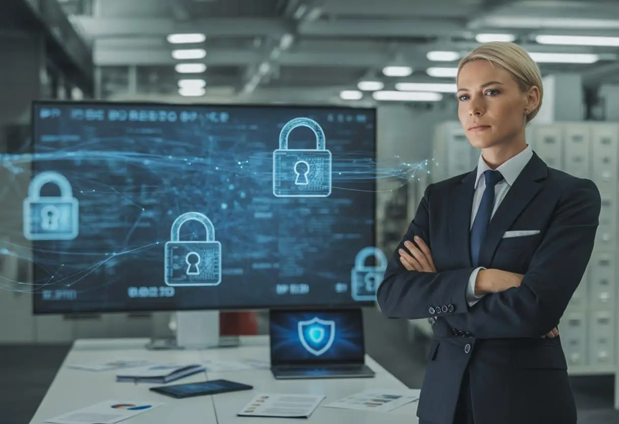 Bescherming van Bedrijfsgeheimen: De Juridische Wapens tegen Industriële Spionage 2 Een zakelijke professional staat in een modern kantoor voor een scherm met beveiligingssymbolen en vertrouwelijke documenten op de achtergrond.