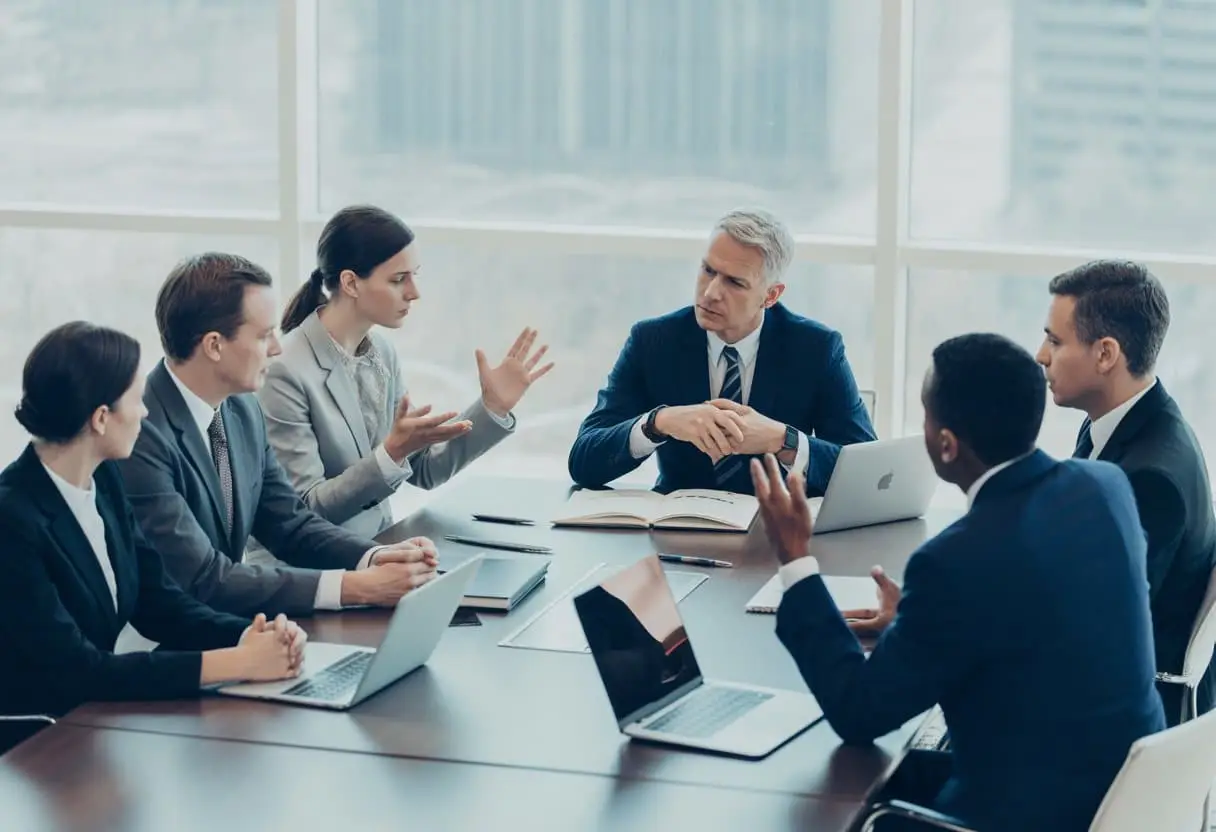 Een groep zakenmensen zit rond een vergadertafel in een kantoor en bespreekt een zakelijke kwestie.