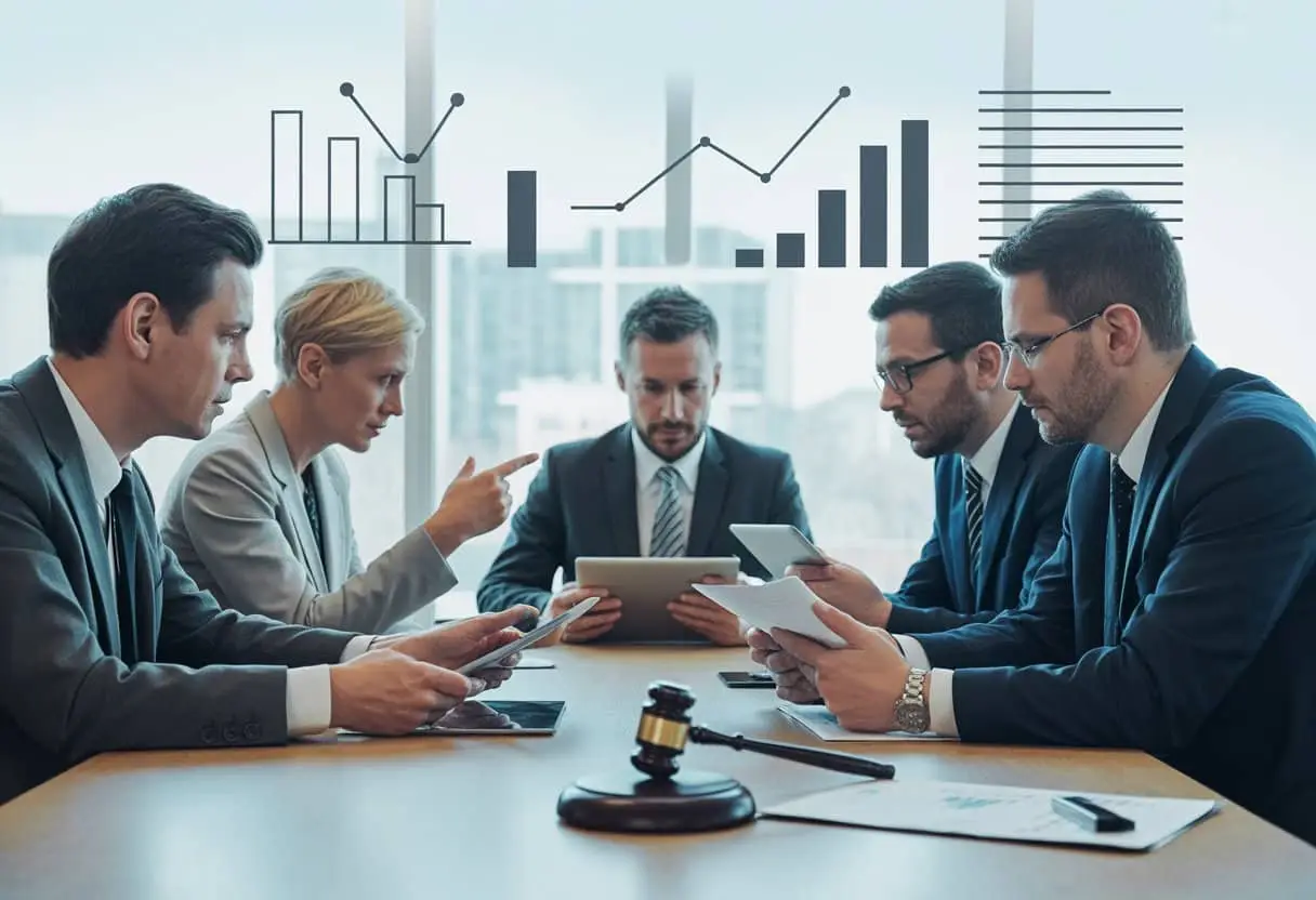 Een groep zakelijke professionals zit rond een vergadertafel en bespreekt documenten in een moderne kantooromgeving.
