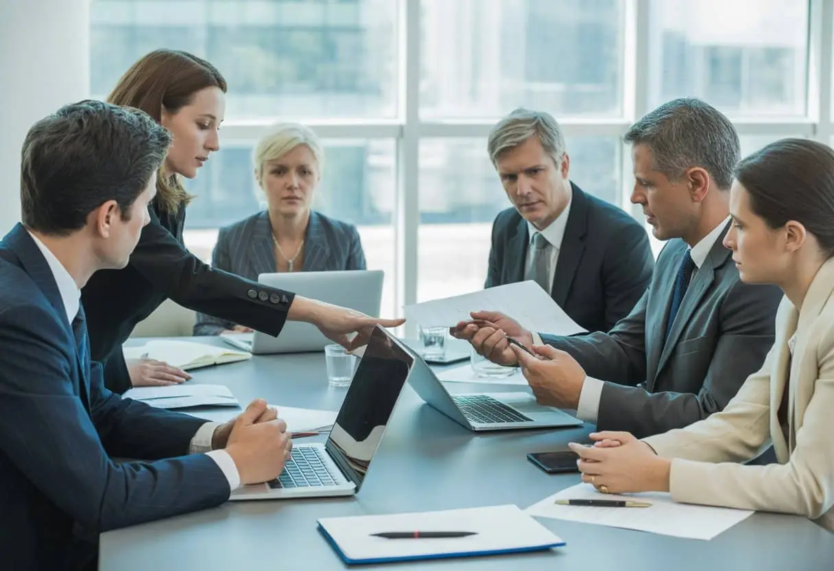 Een groep zakelijke professionals zit rond een vergadertafel en bespreekt documenten in een moderne kantoorruimte.