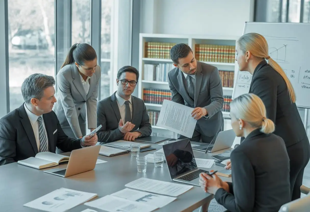 Een groep professionals bespreekt documenten tijdens een vergadering in een modern kantoor.