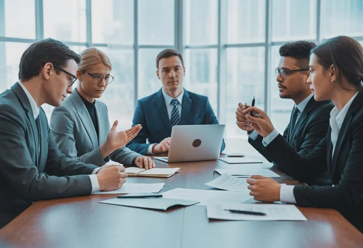 Een groep professionals bespreekt juridische documenten aan een vergadertafel in een modern kantoor.