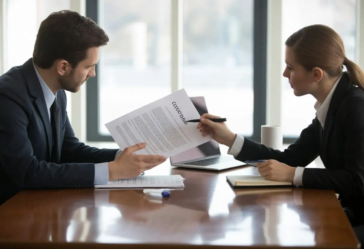 Twee zakelijke personen die samen een contract doornemen aan een tafel in een kantoor.