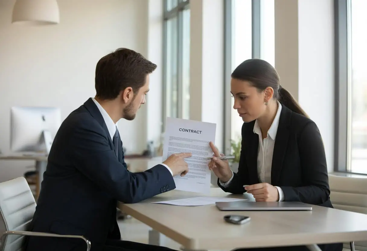 Twee zakelijke mensen bespreken samen een contract aan een tafel in een kantoor.