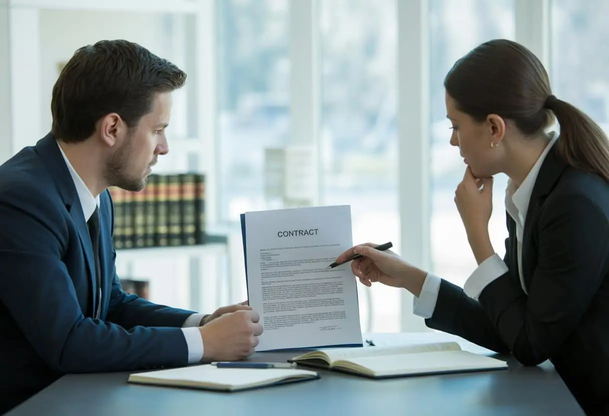 Twee professionals bespreken een contract aan een tafel in een kantooromgeving.