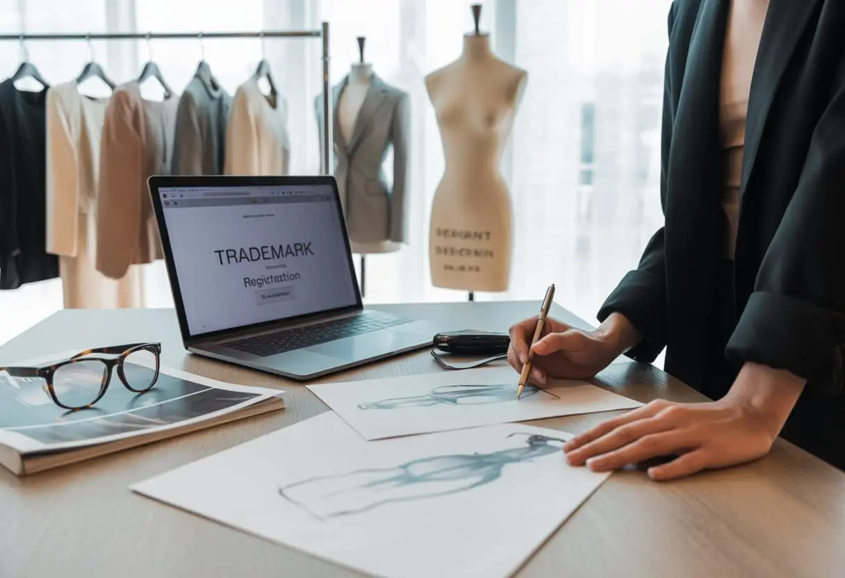 Een zakenvrouw bekijkt modeontwerpen en juridische documenten in een kantoor met kleding en een paspop op de achtergrond.