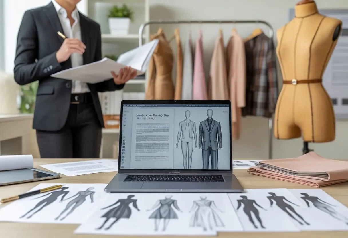 Een modeontwerper werkt aan een bureau met een laptop, modeontwerpen en een paspop, terwijl een professional juridische documenten bekijkt.
