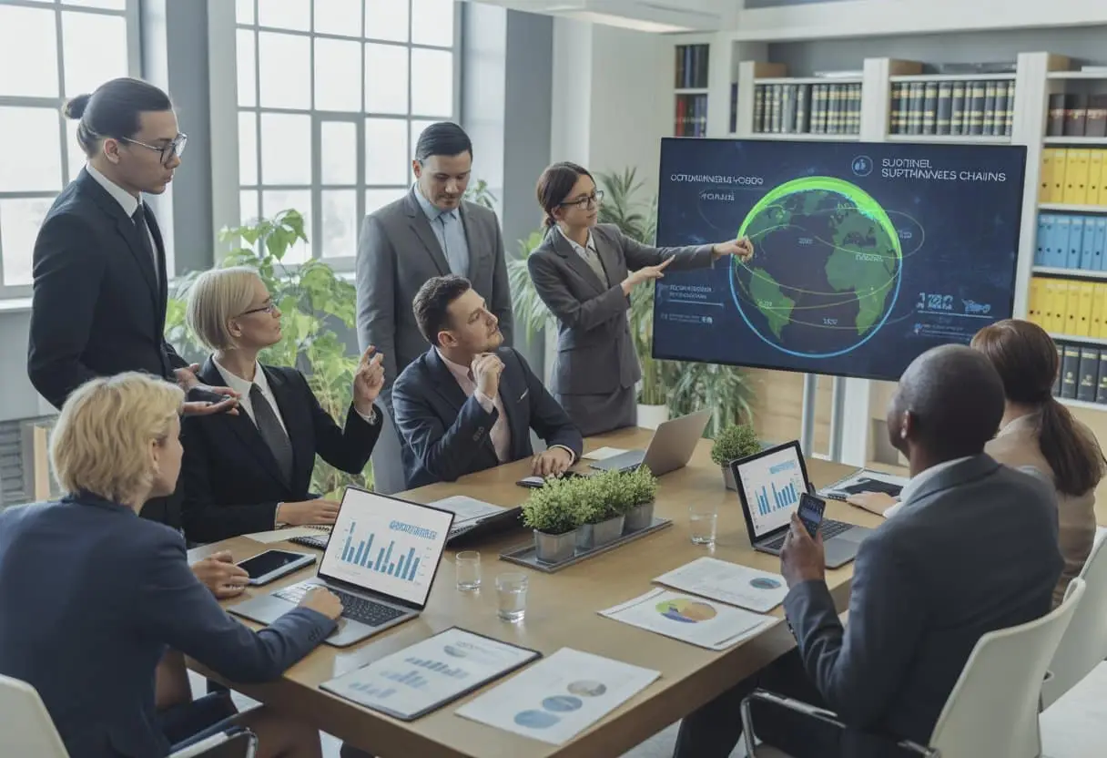 Een groep zakelijke professionals bespreekt documenten en een digitale kaart over duurzame toeleveringsketens in een vergaderruimte.