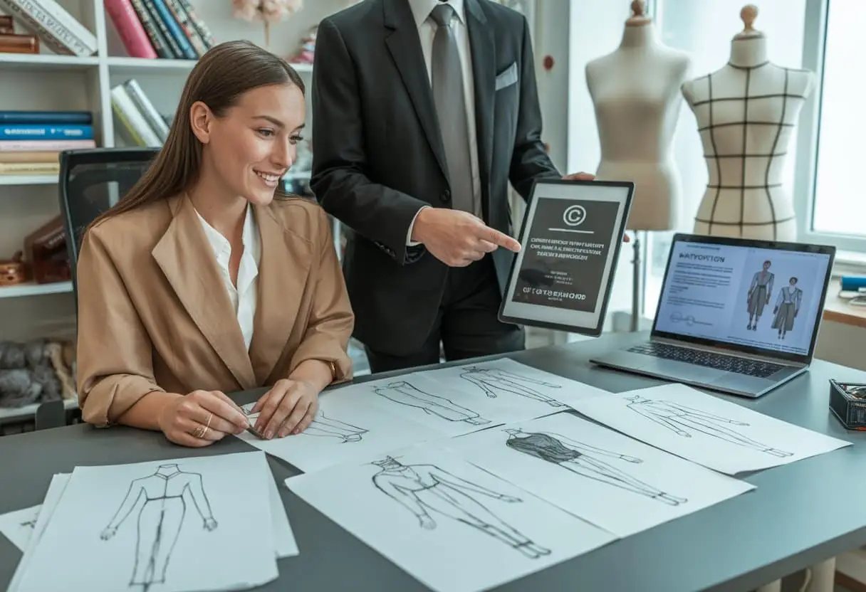 Een modeontwerper en een jurist bespreken modeontwerpen en juridische documenten in een kantooromgeving.