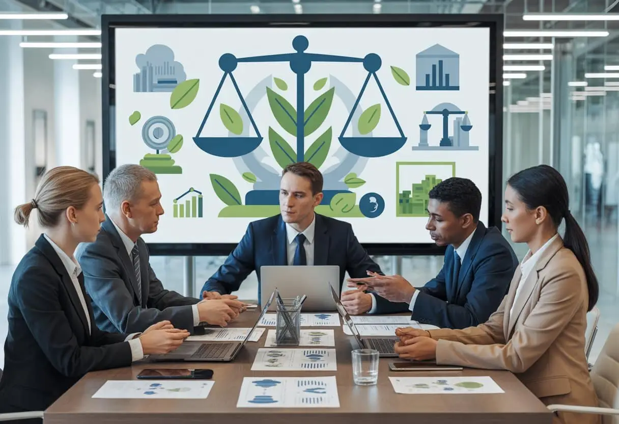 Een groep zakelijke professionals bespreekt documenten en grafieken in een moderne vergaderruimte over juridische aspecten van een duurzame supply chain.