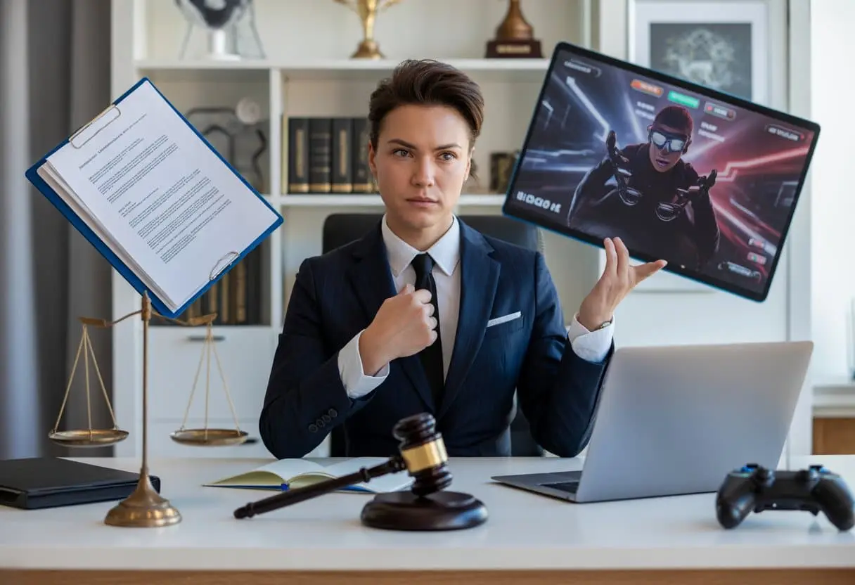 Een zakelijk persoon zit aan een bureau met een laptop waarop een videogame en juridische documenten zichtbaar zijn, omringd door een hamer, weegschaal en gamecontrollers in een kantooromgeving.
