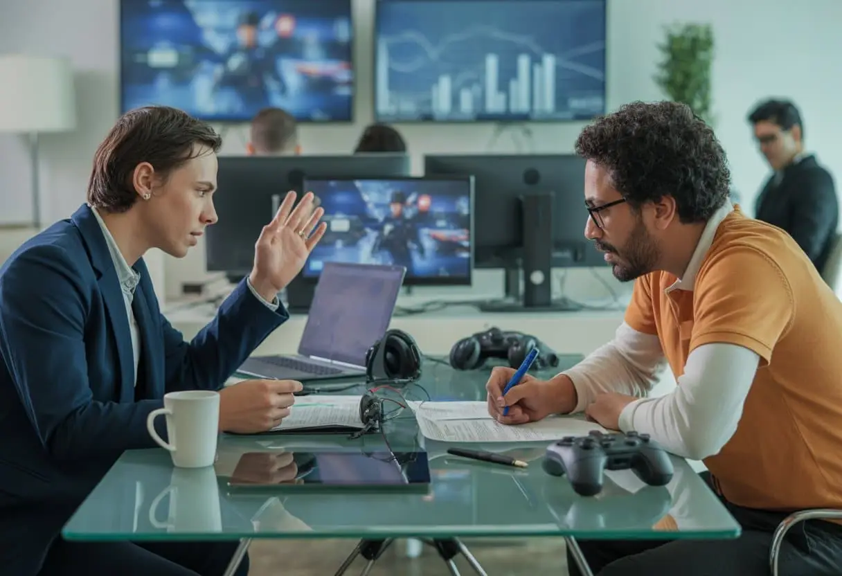 Twee professionals bespreken contracten in een moderne kantoorruimte met computers waarop e-sports zichtbaar zijn.