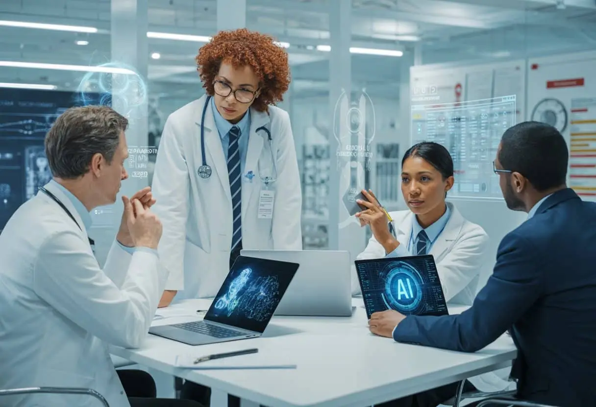 Een groep professionals in een medische omgeving bespreekt samen AI en juridische kwesties in de gezondheidszorg.