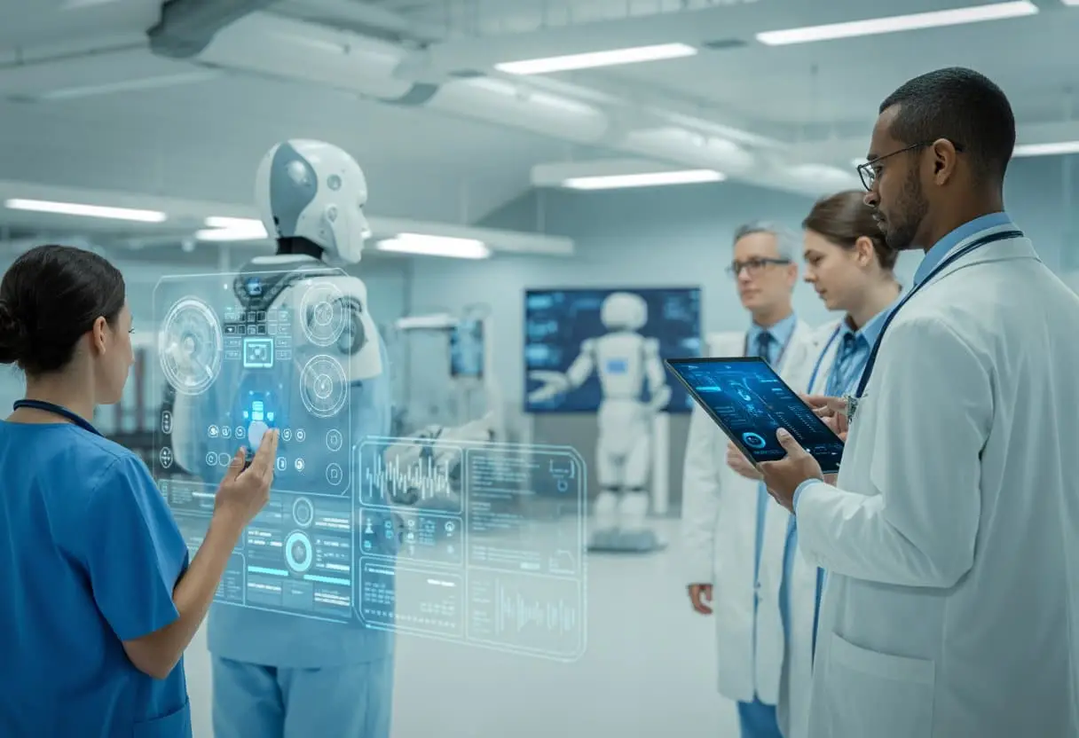 Medische professionals in een moderne ziekenhuisomgeving werken samen met geavanceerde AI-technologie en digitale medische gegevens.