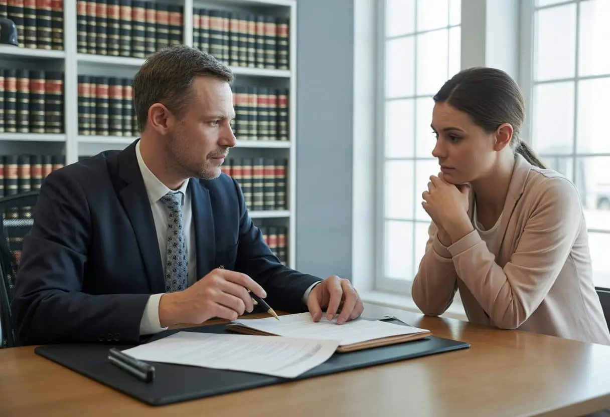 Hoe werkt strafvermindering bij samenwerking met justitie? Uitleg en Praktijk 1 Een advocaat bespreekt juridische documenten met een cliënt in een kantoor.