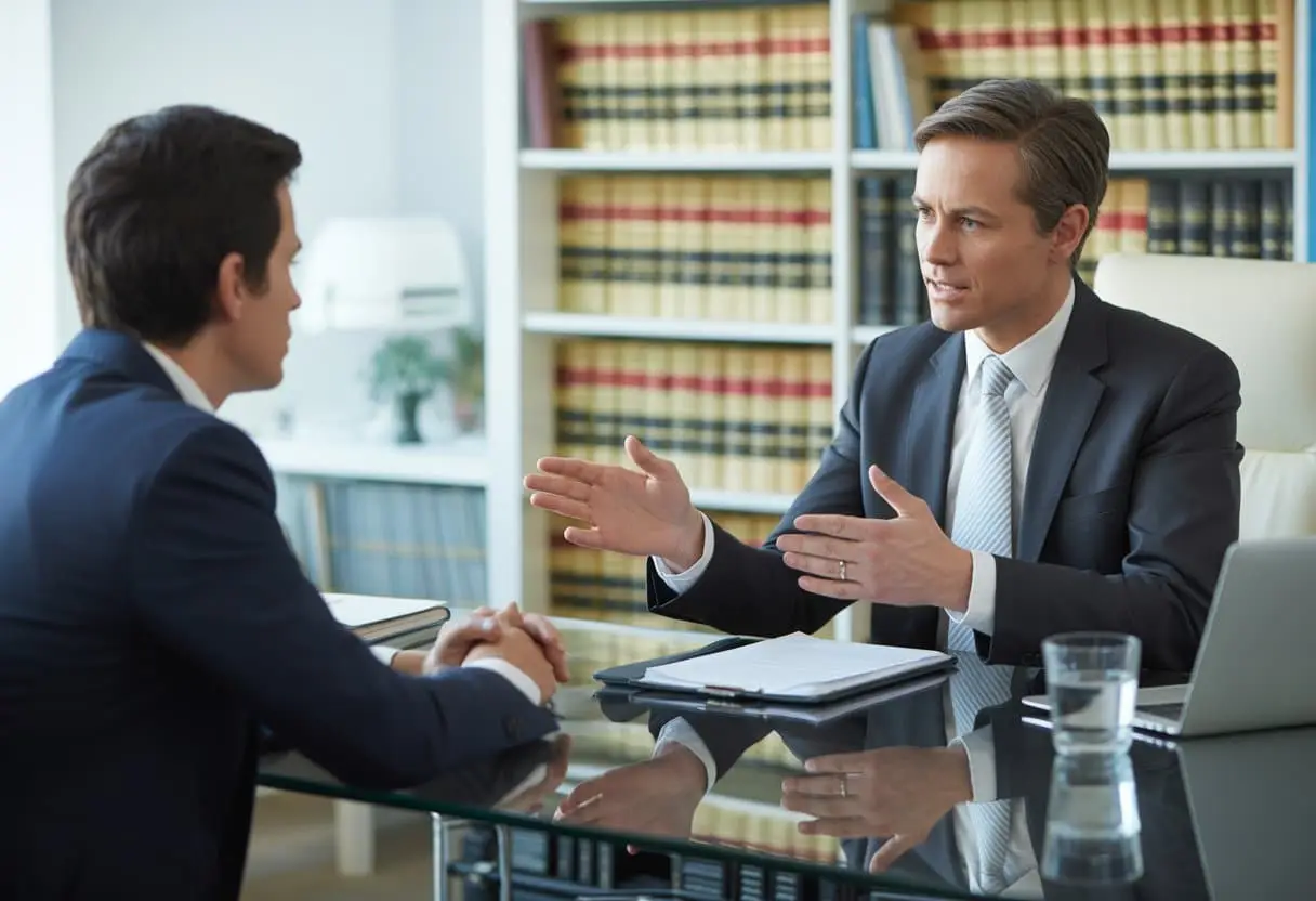 Hoe werkt strafvermindering bij samenwerking met justitie? Uitleg en Praktijk 2 Een advocaat en een cliënt zitten tegenover elkaar aan een bureau in een kantoor, in gesprek over juridische samenwerking.