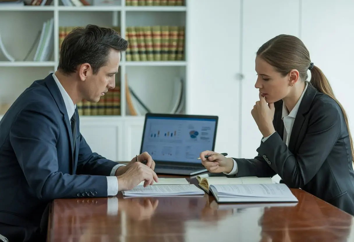 Hoe werkt strafvermindering bij samenwerking met justitie? Uitleg en Praktijk 3 Een advocaat en een cliënt zitten aan een tafel in een kantoor en bespreken documenten over strafvermindering.