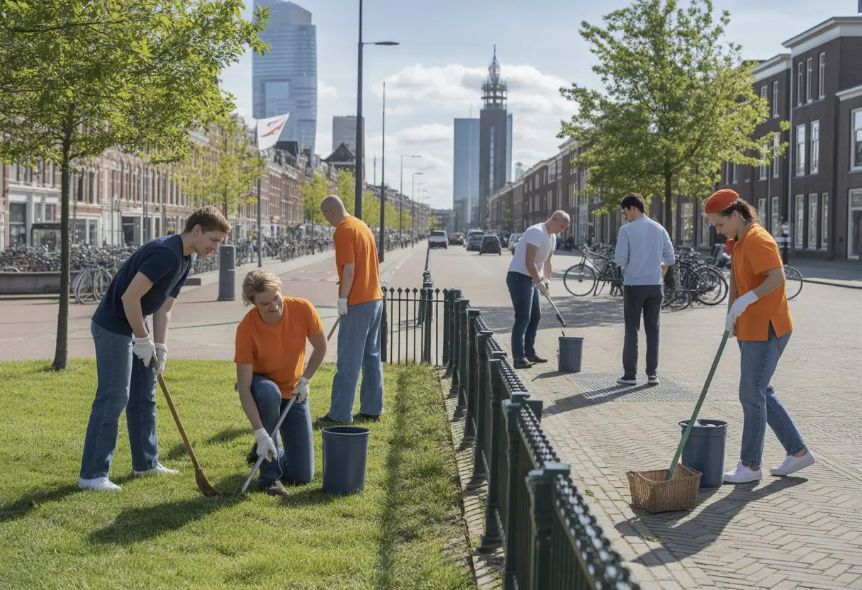 Hoe werkt het Nederlandse systeem van taakstraffen? Uitleg, regels en effecten 1 Groep volwassenen die samen in een park schoonmaakwerkzaamheden uitvoeren in een Nederlandse stad.