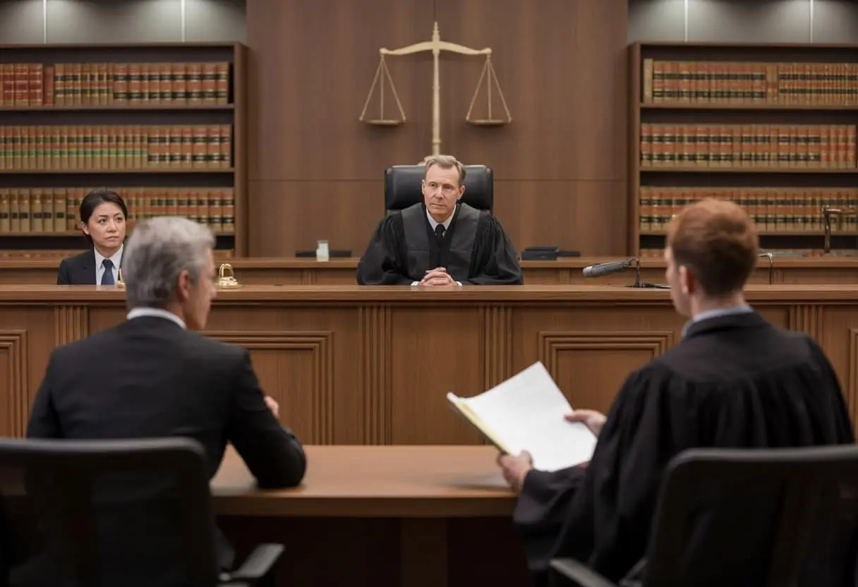 Een rechter in een rechtszaal luistert naar een advocaat die pleit, met een verdachte en een andere advocaat aan tafel.