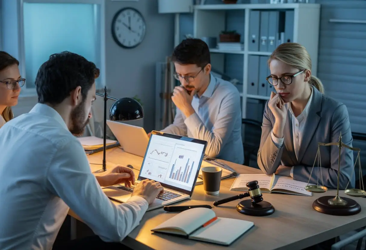 De juridische kant van overwerk: Wat zijn de regels? Alles wat je moet weten 2 Een moderne kantoorruimte met mensen die laat werken, met documenten en symbolen van arbeidswetgeving op het bureau.