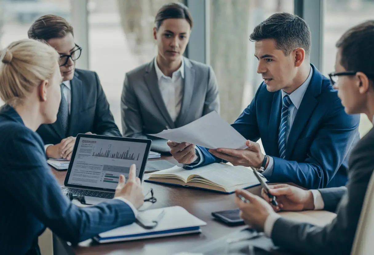 De juridische kant van overwerk: Wat zijn de regels? Alles wat je moet weten 3 Een groep zakelijke professionals bespreekt juridische documenten over overwerk in een kantooromgeving.