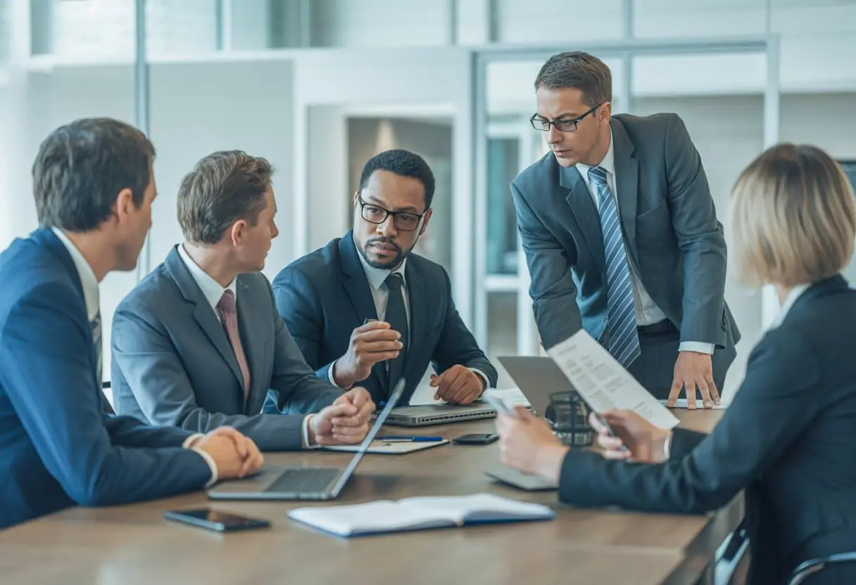 Een groep werknemers en managers bespreekt documenten rond een vergadertafel in een modern kantoor.