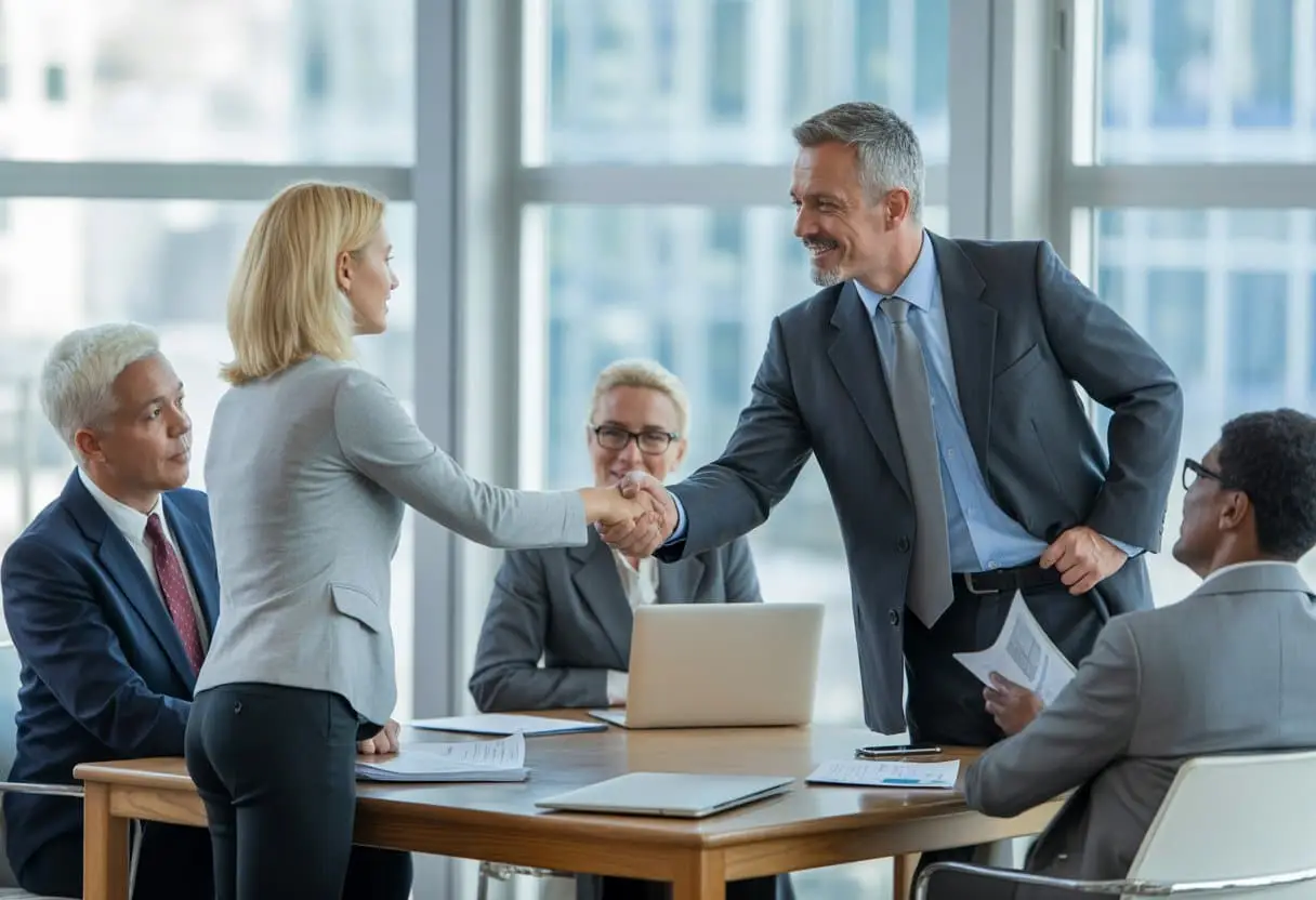 Zakelijke professionals in een kantoor schudden handen en bespreken arbeidsrechten tijdens een bedrijfsovername.