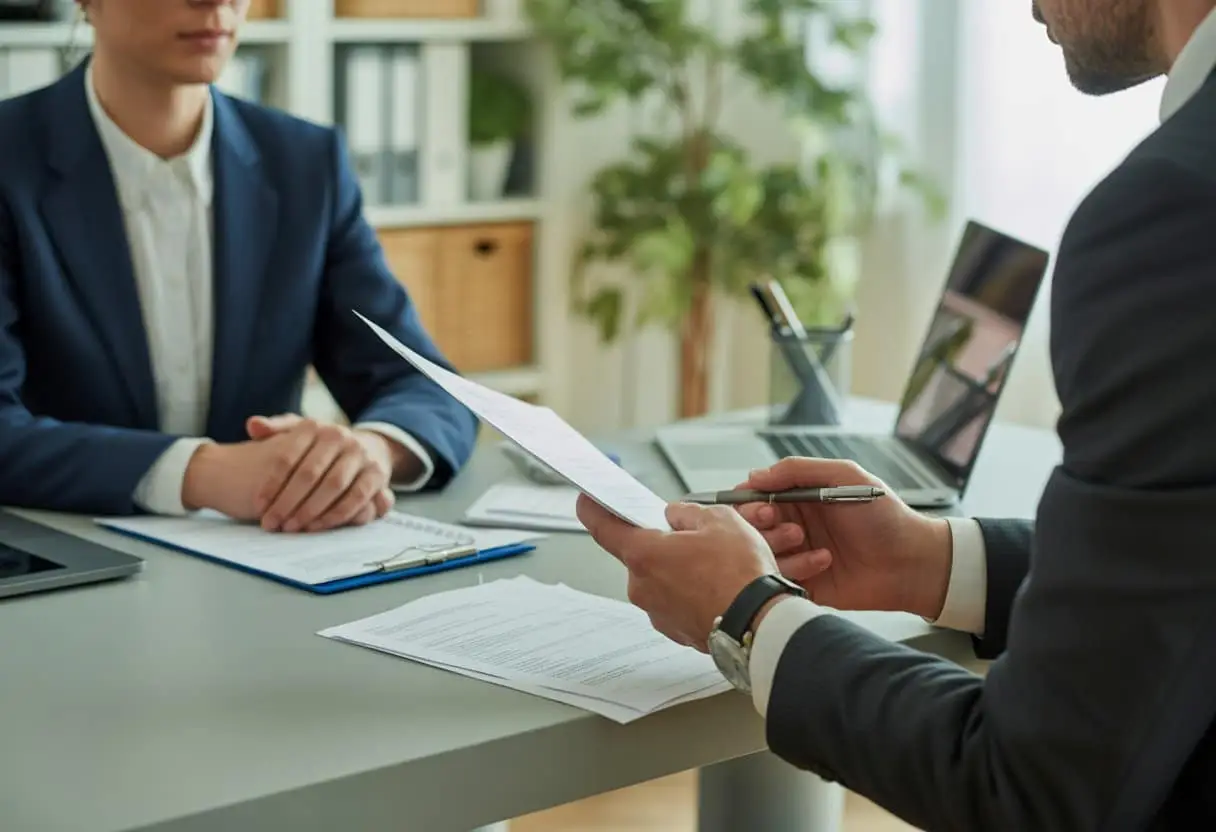 Een persoon bespreekt documenten met een professional in een kantooromgeving.