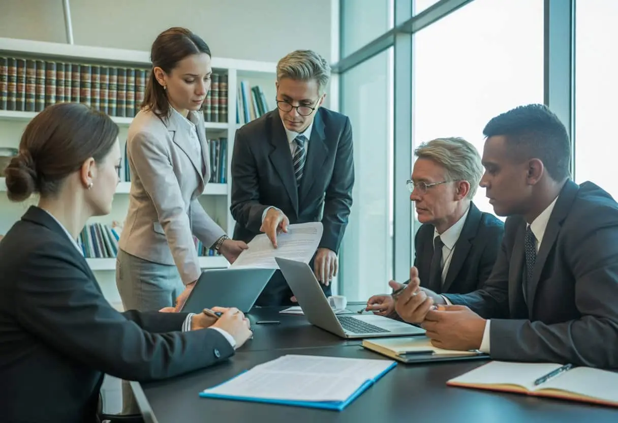 Een groep zakelijke professionals bespreekt documenten aan een vergadertafel in een kantooromgeving.