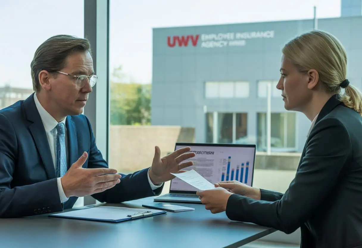 Hoe werkt het proces van een ontslagprocedure via het UWV? Uitleg & Stappen 2 Een HR-professional en een werknemer in een kantoor die een serieus gesprek voeren over een ontslagprocedure, met documenten en een laptop op tafel en een kantoorgebouw zichtbaar door het raam.