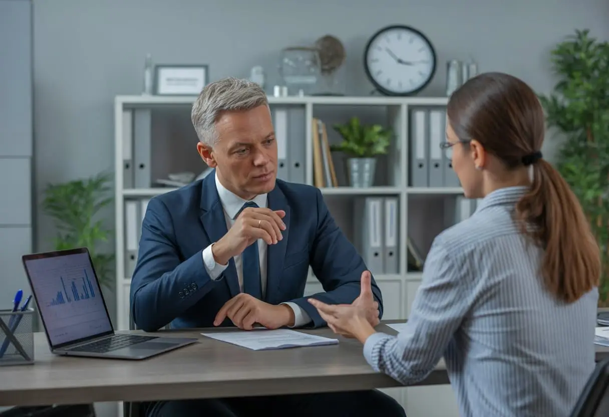 Hoe werkt het proces van een ontslagprocedure via het UWV? Uitleg & Stappen 3 Een HR-manager bespreekt een ontslagprocedure met een werknemer in een kantooromgeving.