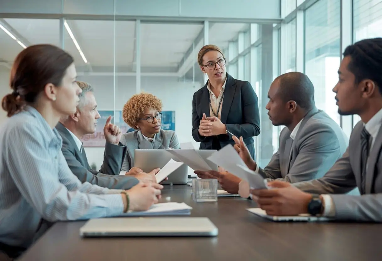 Een diverse groep mensen in een kantoor die in gesprek is over arbeidsrechtelijke kwesties.