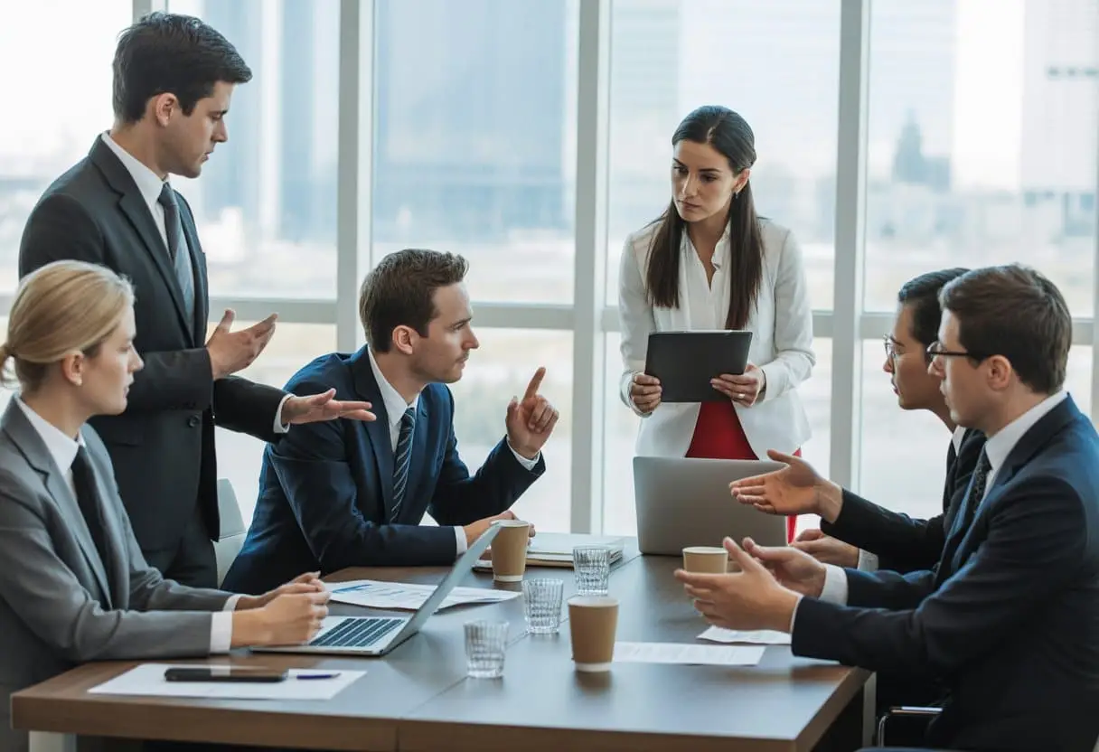 Een diverse groep zakelijke professionals die serieus overleggen rond een vergadertafel in een modern kantoor.