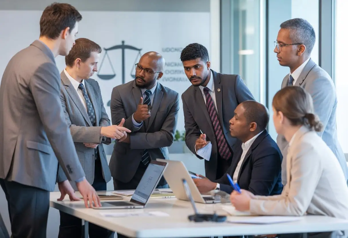Een diverse groep werknemers en vakbondsvertegenwoordigers in een kantoor die samen overleggen over arbeidsrechten en voorwaarden.