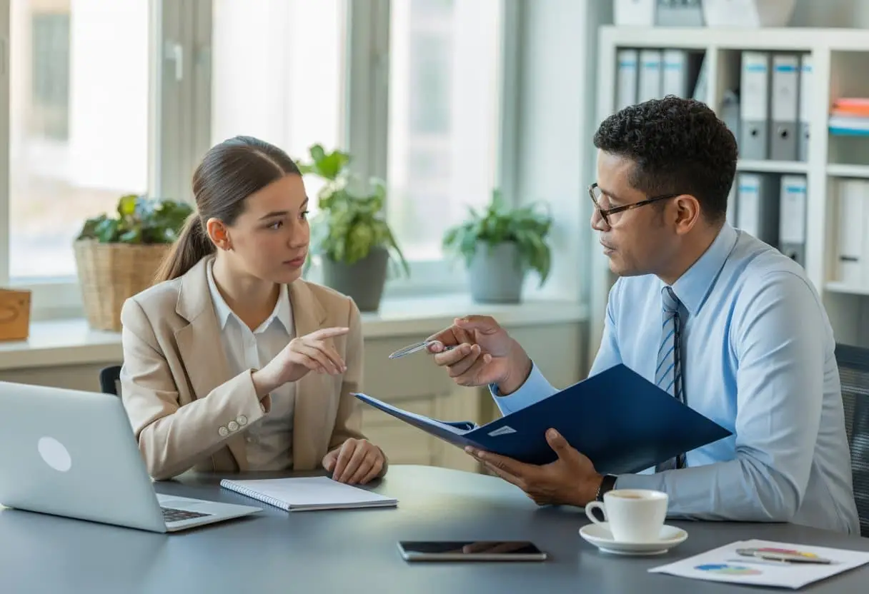 Een stagiair en een HR-manager zitten samen aan een bureau in een kantoor en bespreken arbeidsrechten.
