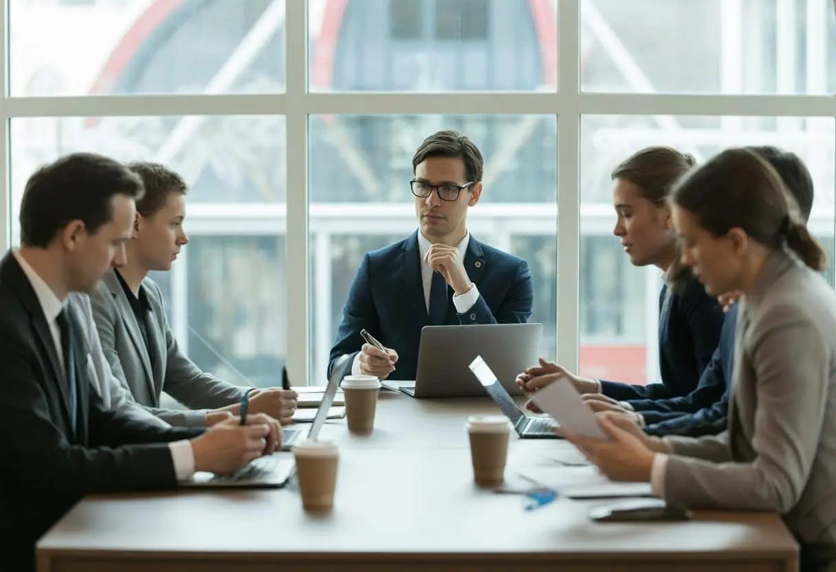 Een groep zakelijke professionals zit rond een vergadertafel in een modern kantoor en bespreekt serieus zaken.